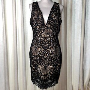 Lulu's Sexy Deep-V Black-over-nude cocktail dress, like new/never worn, Size L